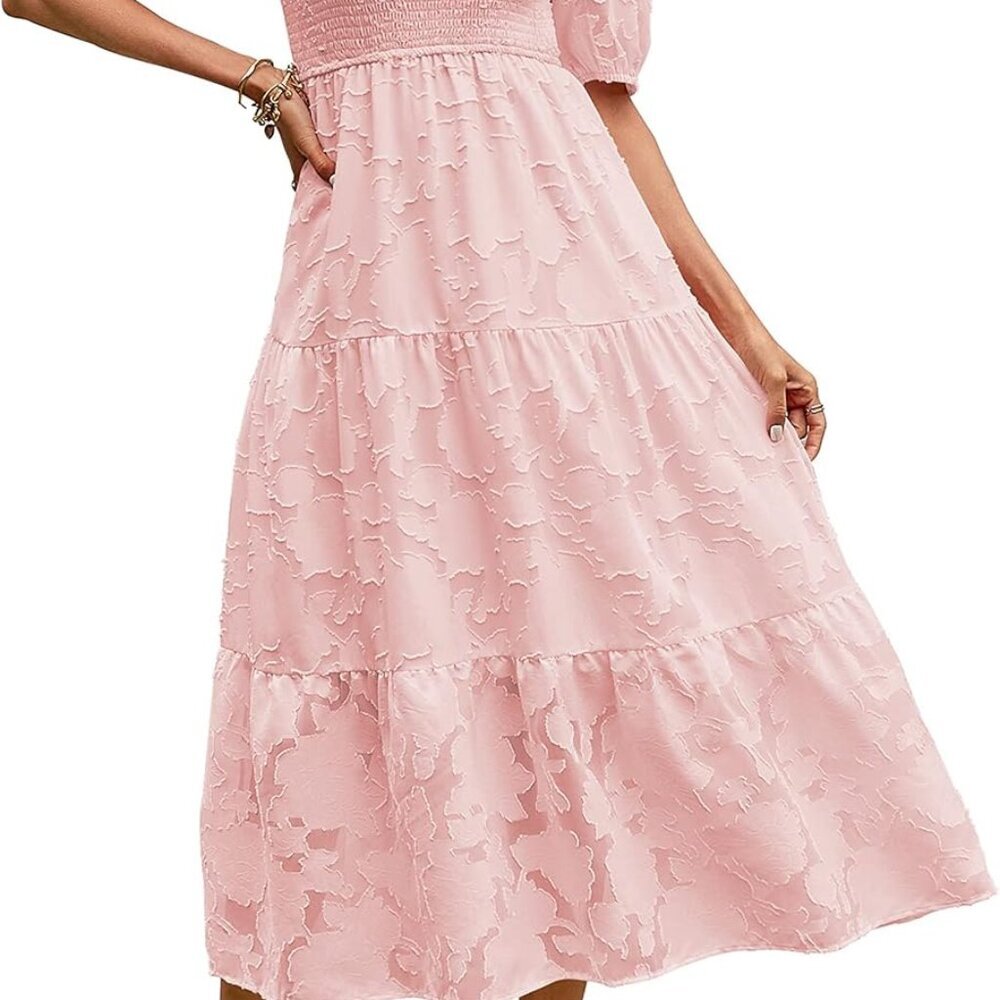 Women's 2025 Summer Puff Sleeve Crewneck Lace Flowy Tiered Midi Dresses